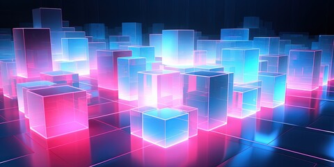 Futuristic digital artwork featuring glowing pink and blue cubes with a central light source