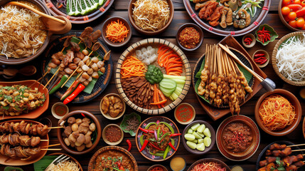Colorful Flat Lay of Various Indonesian Foods with Mouthwatering Satay
