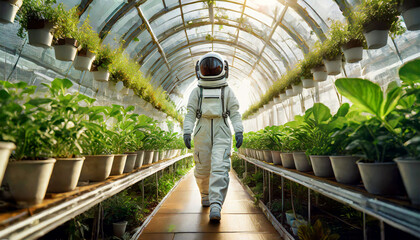 Farmer astronaut walking in a greenhouse full of small green plants, concept of colonization of a new planet for new life outside planet earth. Generative Ai.