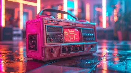 Vibrant retro party scene with a neon pink boombox on a dazzling dance floor - obrazy, fototapety, plakaty