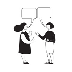Girls are talking, one with smartphone, with talking speech bubbles. Black and white vector image.