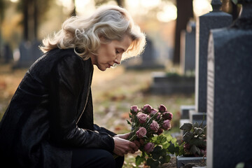 Illustration picture of depressed person grieving at funeral crying farewells at cemetery generative ai