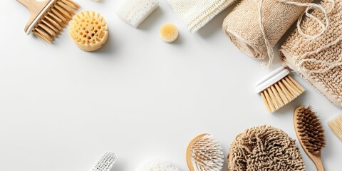 Eco brushes, sponges and rag on white background.