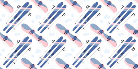 Outdoor activity horizontal seamless background. Gift decoration paper cross pattern design. Ski, ski poles and snowboard inventory concept. Winter extreme sports hand drawn flat vector illustration