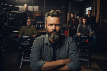 Movie director at studio with a team on a background generative ai concept