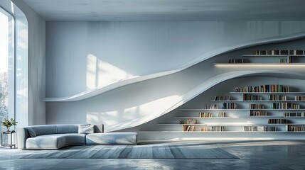 Modern interior with an innovative white bookshelf zigzagging across a muted wall - obrazy, fototapety, plakaty