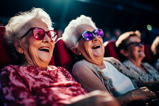 Generative AI image of cheerful elderly couple enjoying comedy watching an interesting movie