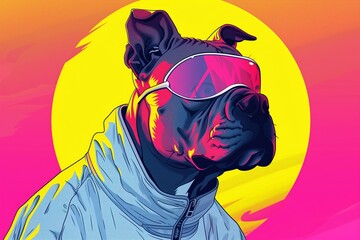 Serious Character with French Bulldog Head, wearing a reflective jacket with pink and yellow background. Created by Generative AI