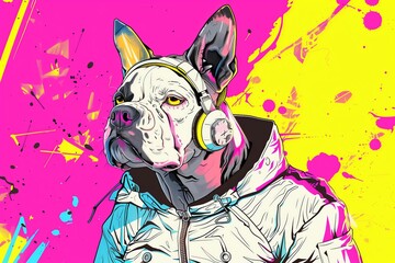 Serious Character with French Bulldog Head, wearing a reflective jacket with pink and yellow background. Created by Generative AI