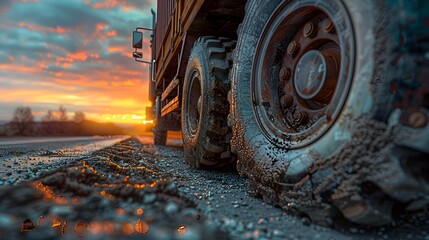 Sunset Tire on a Dirt Road in Highly Detailed Environment - obrazy, fototapety, plakaty