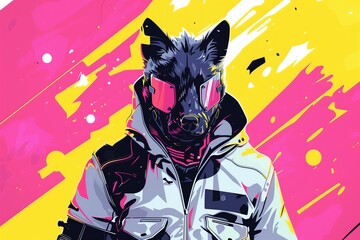 Serious Fantasy Character with Dog Head, wearing a reflective jacket with pink and yellow background. Created by Generative AI