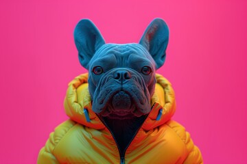 Serious Character with French Bulldog Head, wearing a reflective jacket with pink and yellow background. Created by Generative AI