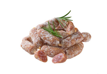 mini sausages in a natural casing made of chicken and pork meat isolated on a white background .