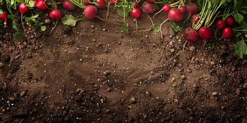Freshly harvested red radishes on the soil in a field - obrazy, fototapety, plakaty