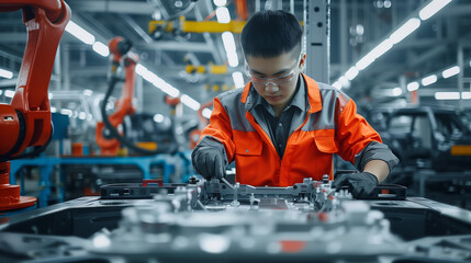 Chinese technician working on an automotive parts assembly line, robotic arms in the blurred background. Chinese technology, automotive, Chinese manufacturing.