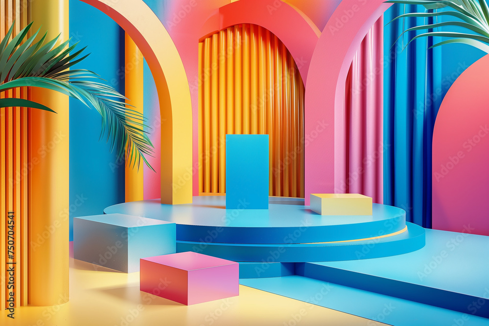 Aufkleber abstract geometric mockup scene with a minimalist aesthetic, featuring a central design platform surrounded by geometric shapes in muted tones