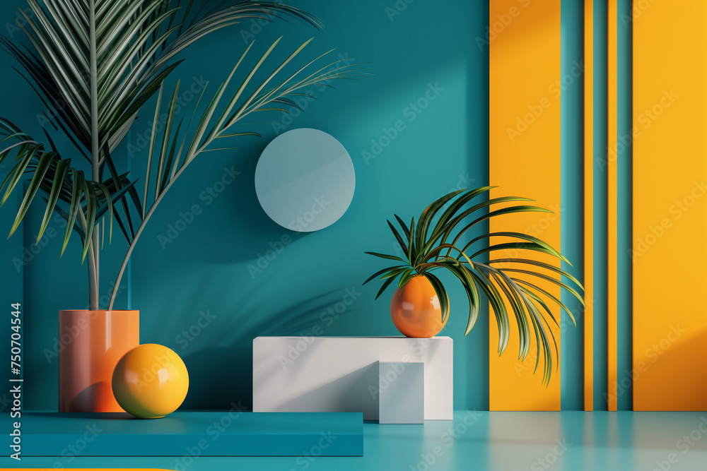 Fototapete abstract mock-up scene featuring geometric shapes and patterns in vibrant colors, arranged dynamical