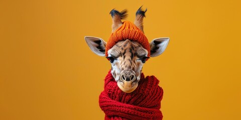 Giraffe in a warm scarf and hat