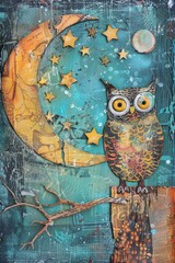 Obraz na płótnie Canvas Whimsical Background with Owl in Night Theme and Stars for Scrapbooking and Journaling mixed Media Art Wallpaper created with Generative AI Technology