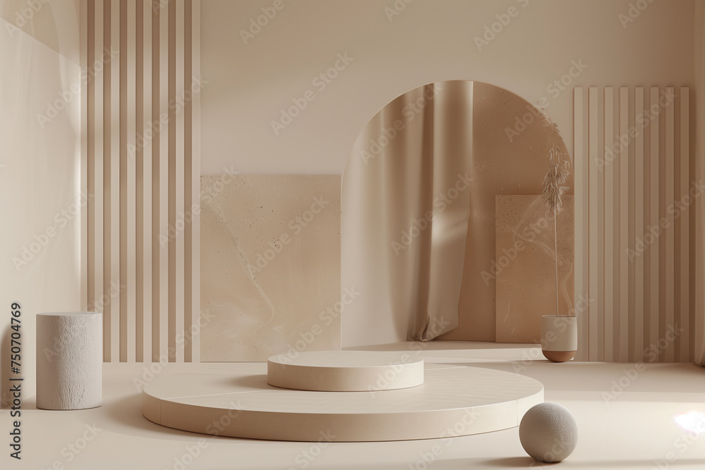 Aufkleber abstract geometric mockup scene with a minimalist aesthetic, featuring a central design platform surrounded by geometric shapes in muted tones