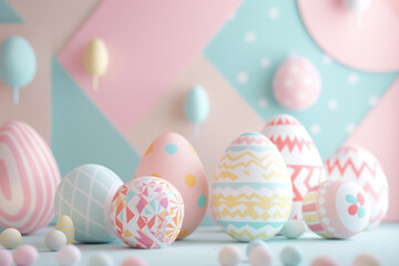 An abstract Easter egg-themed geometric mockup scene with pastel-colored geometric shapes and patterns reminiscent of decorated Easter eggs