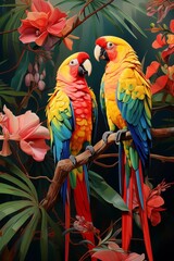 Naklejka premium Two colored Blue-and-yellow macaw sitting on a branch and preening (Ara ararauna) in the forest
