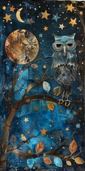 Whimsical Background with Owl in Night Theme and Stars for Scrapbooking and Journaling mixed Media Art Wallpaper created with Generative AI Technology
