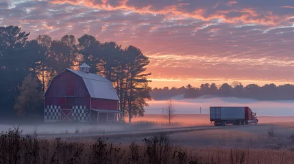 Ingelijste posters Morning Truck Ride through a Rural Barn Landscape © Sittichok