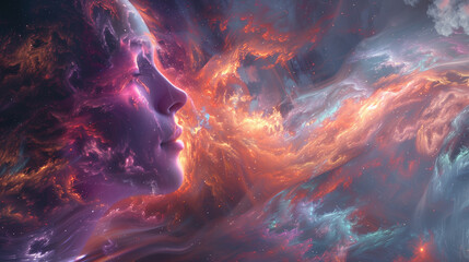 Creative fantasy portrait of feminine energy in cosmic with vibrant colors. AI generated