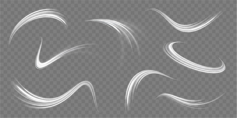 White glowing shiny lines effect vector background. Luminous white lines of speed. Light glowing effect. Light trail wave, fire path trace line and incandescence curve twirl. - obrazy, fototapety, plakaty
