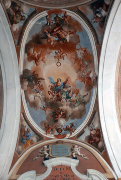 Ceiling fresco pronaos Parish Church in Santa Maria Maggiore town, Vigezzo Valley, Italy