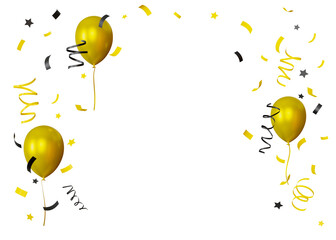 Yellow and black confetti and balloons on transparent background. Sale, special offer, good price, deal, shopping. Cut out elements. Frame. 3D.