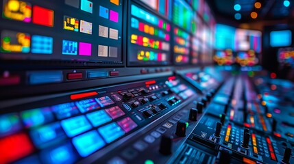 Fototapeta premium Behind the scenes view of a broadcast control room, filled with multicolored calibration screens