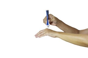 Image of hand squeezing medicine from tube onto back of hand isolated on transparent background png file.