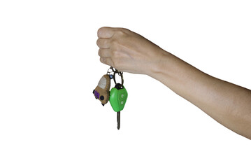 Image of hand holding car keychain isolated on png file on transparent background.