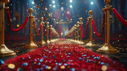 Glamorous red carpet event with golden stanchions and a shower of confetti - obrazy, fototapety, plakaty