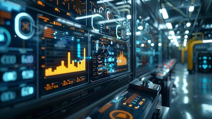 Naklejka premium Industrial machines with AI control panels in a smart factory