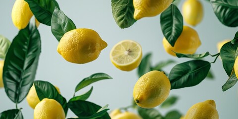 Juicy ripe flying yellow lemons