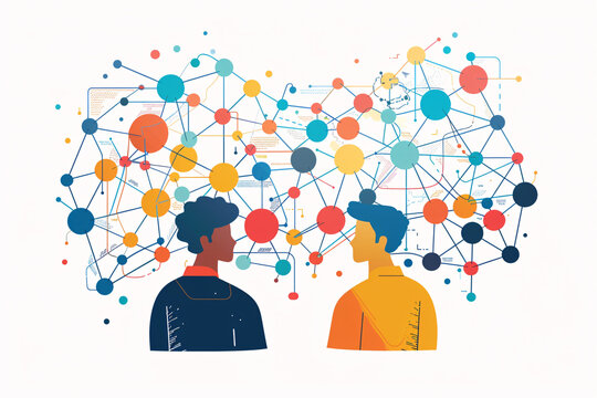 Silhouette of two heads with colorful connected network between them