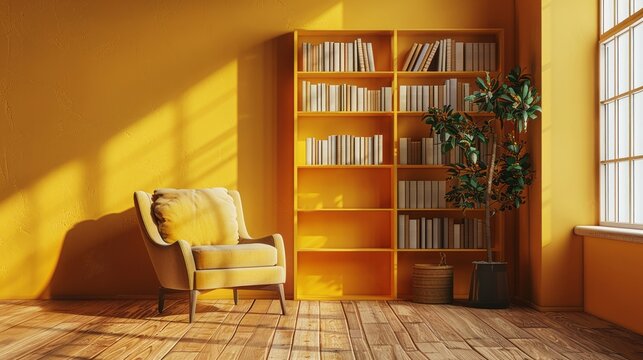 Contemporary reading corner featuring an abstract, minimalist bookshelf against a soft-toned wall