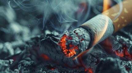 A close-up image of a cigarette with a glowing tip as it burns, surrounded by swirling smoke, resting on a bed of ashes.