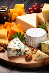 Premium selection of cheeses on a wooden board accompanied by nuts and honey for a refined taste.