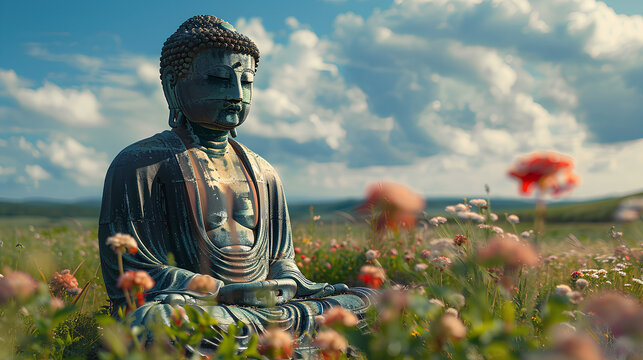 Pray Buddha statue in a grassy field with sunny weather