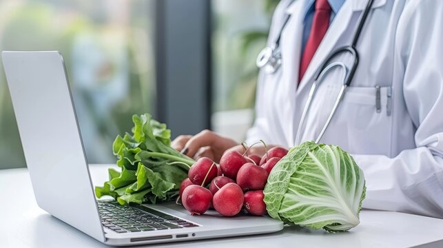 Female dietitian seeking online consultation for personalized food nutrition services and advice.