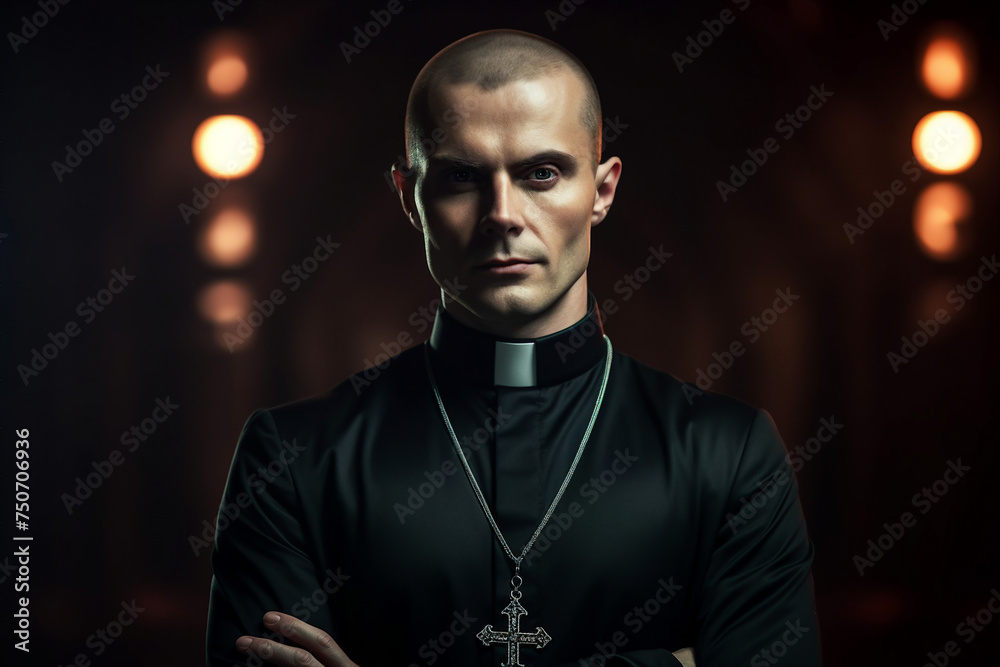 Poster Generated with AI photography of young priest looking at camera in church