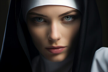 Portrait of a nun on a black background made with generitive ai - obrazy, fototapety, plakaty
