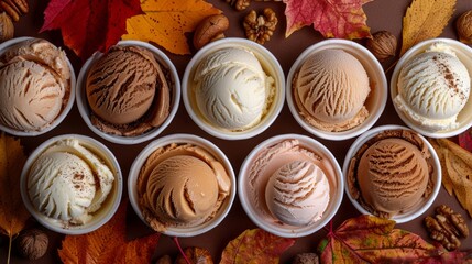 Fototapeta na wymiar A seasonal collection of ice cream cups with autumnal flavors and decorations on a fall-themed background.