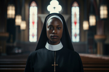 Nun in a dark church illustration created with generative AI technology - obrazy, fototapety, plakaty