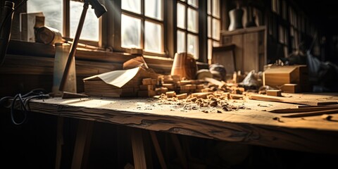 Wood working desk near the window with incandescent lighting, Wood working tools and wood shavings. Intentionally shot with low key shadows and shallow depth of field.