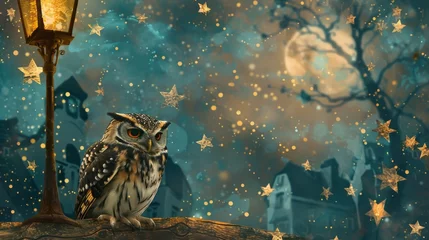 Foto auf gebürstetem Alu-Dibond Eulen-Cartoons Whimsical Background with Owl in Night Theme and Stars for Scrapbooking and Journaling mixed Media Art Wallpaper created with Generative AI Technology